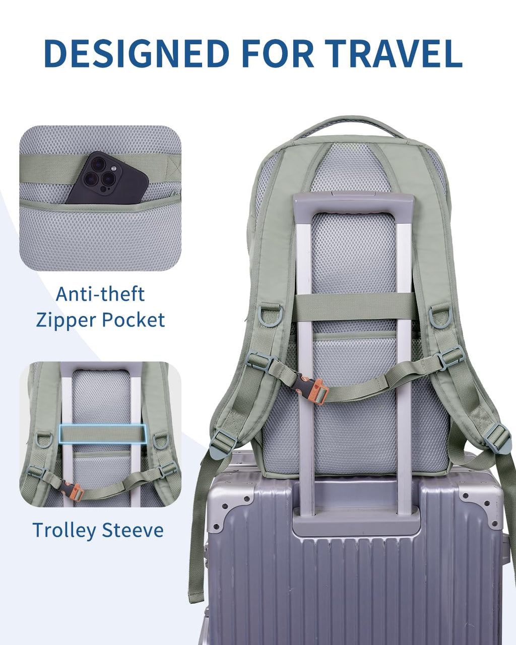 WANDF 15.6-Inch Laptop Backpack for Women, Travel Backpack Water-Resistant Lightweight College Backpack for Work Casual Business Weekender (Green)