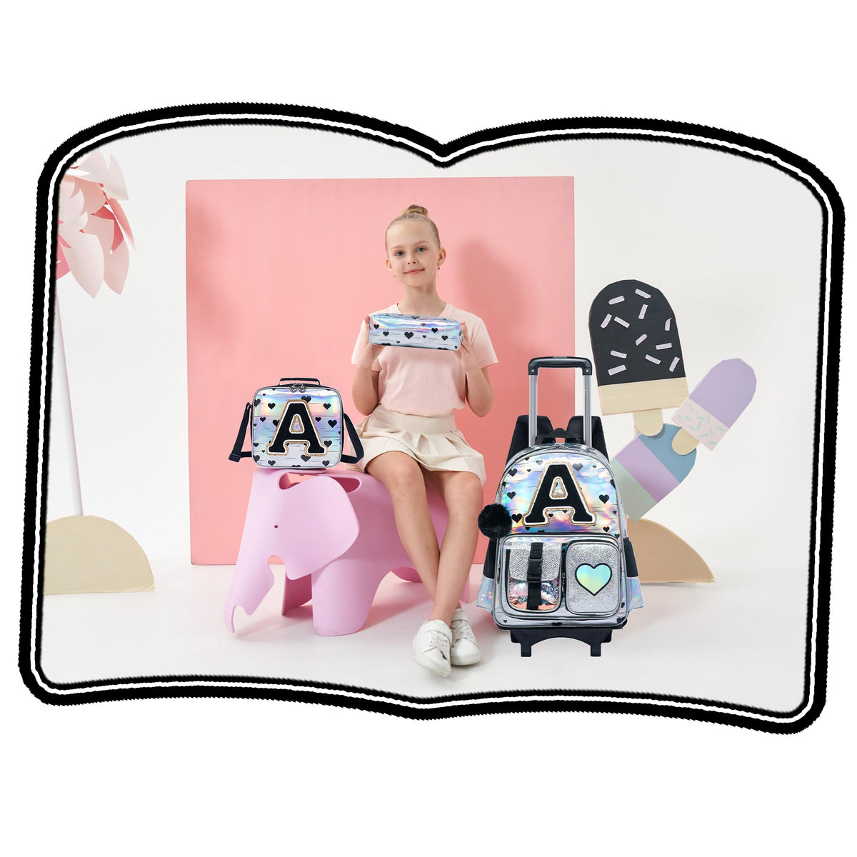 Meetbelify Rolling Backpack for Girls Backpack with Wheels for Elementary Student Kids School Bag with Lunch Box Pencil Case for Girls Ages 6-8 Years Old Black A