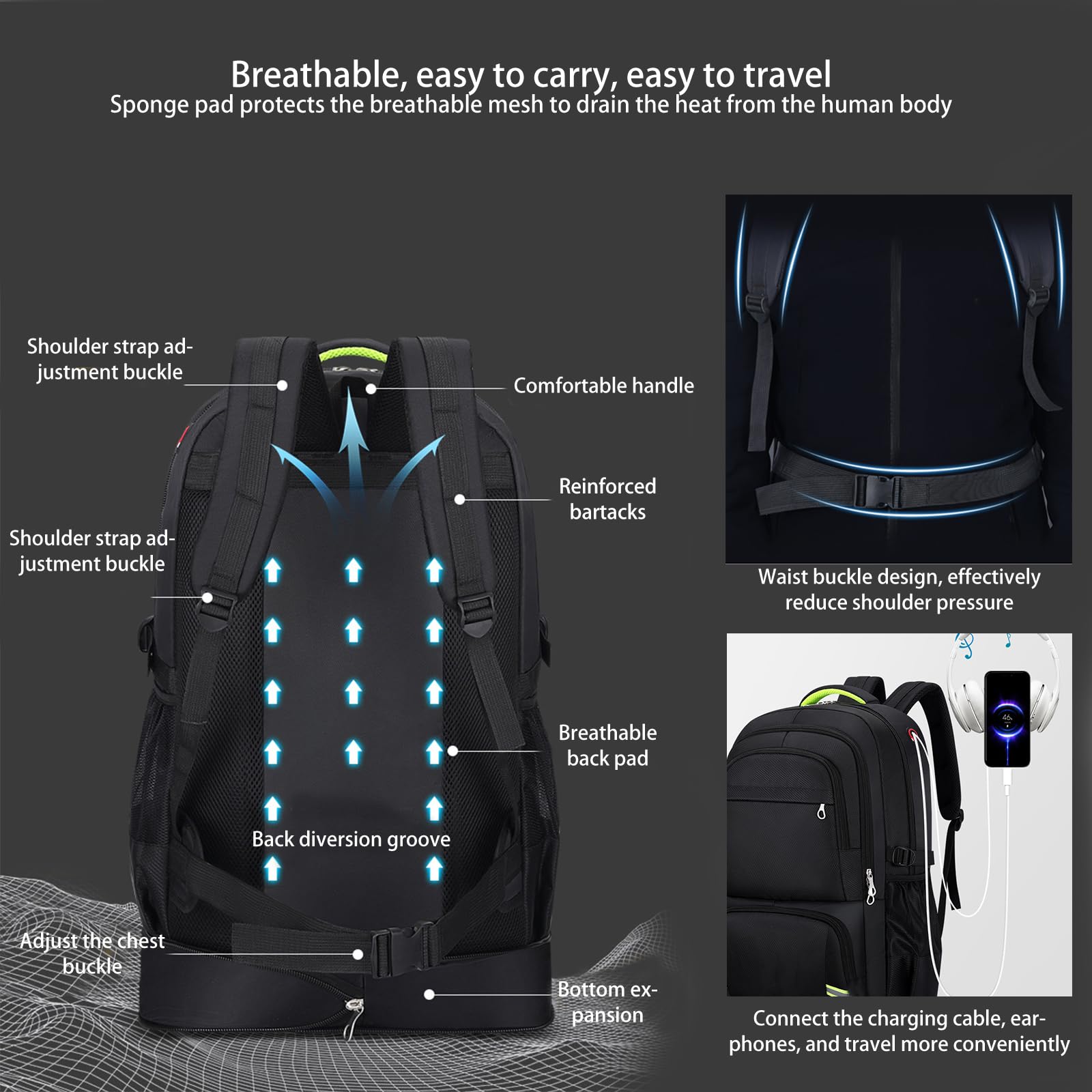 Nayubo 65L Hiking Backpack for Men Waterproof Expandable Travel Backpack Carry On Backpack Casual Daypack Large Rucksack for Camping Outdoor Sports Trekking (Black)