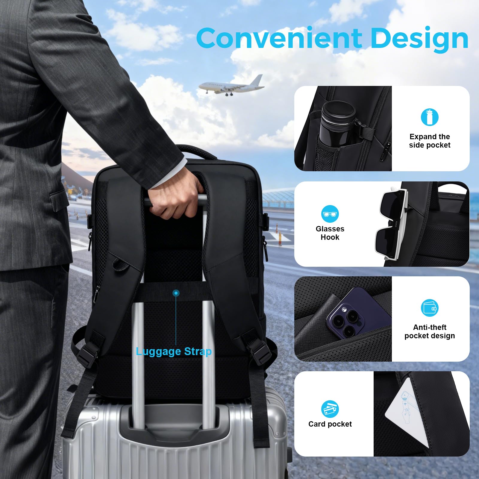 TANGCORLE Travel Backpack for Men, 17.3 Inches Business Laptop Backpack Water-Resistant Carry on Airline Approved 18x14x8 Luggage Backpack with USB Charger Port