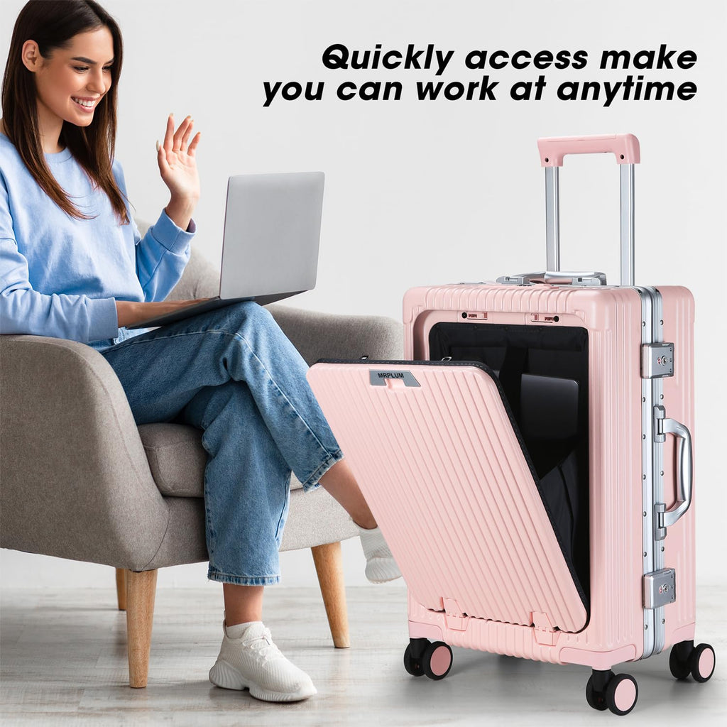 MRPLUM Front Pocket Carry On Luggage,Aluminum Frame PC Hardside Spinner Wheel Suitcase with TSA Lock,Cup Holder,Phone Holder&USB Charging Port,Pink(1 Piece)
