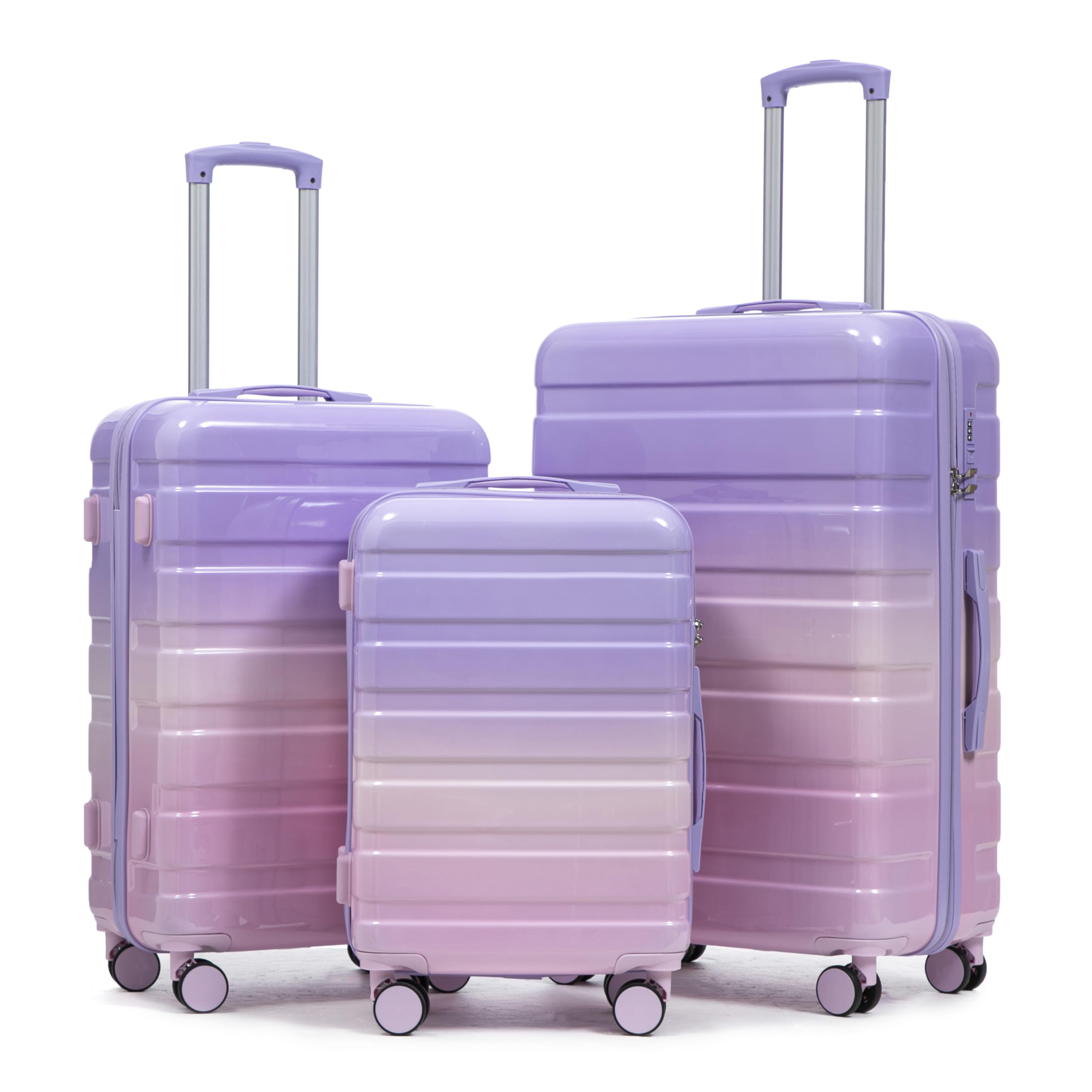 Zentrava Luggage Sets 3 Piece, Hardshell PC Luggage Set with Spinner Wheel, Lightweight Durable Carry on Suitcase with Gradient Color, Combination Lock for Men Women (Pink+Purple)