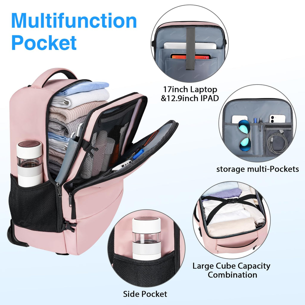 Taygeer Rolling Backpack for women, 17 inch Travel Laptop Backpack with Wheels & Shoe Pouch, Large Wheeled Back Pack Carry on Luggage, Overnight College Work Suitcase Bag Roller Mochila Adult, Pink