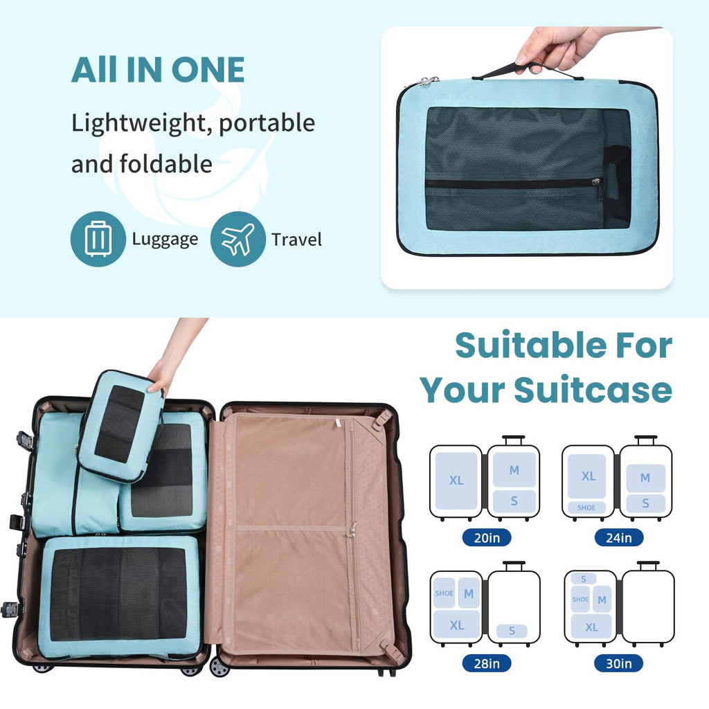 Prezon Compression Packing Cubes for Travel, Lightweight Vacation Travel Essentials, Travel Accessories for Suitcase Organizer Bags Set, Durable Luggage Organizer, 8 set, squre mesh, mint