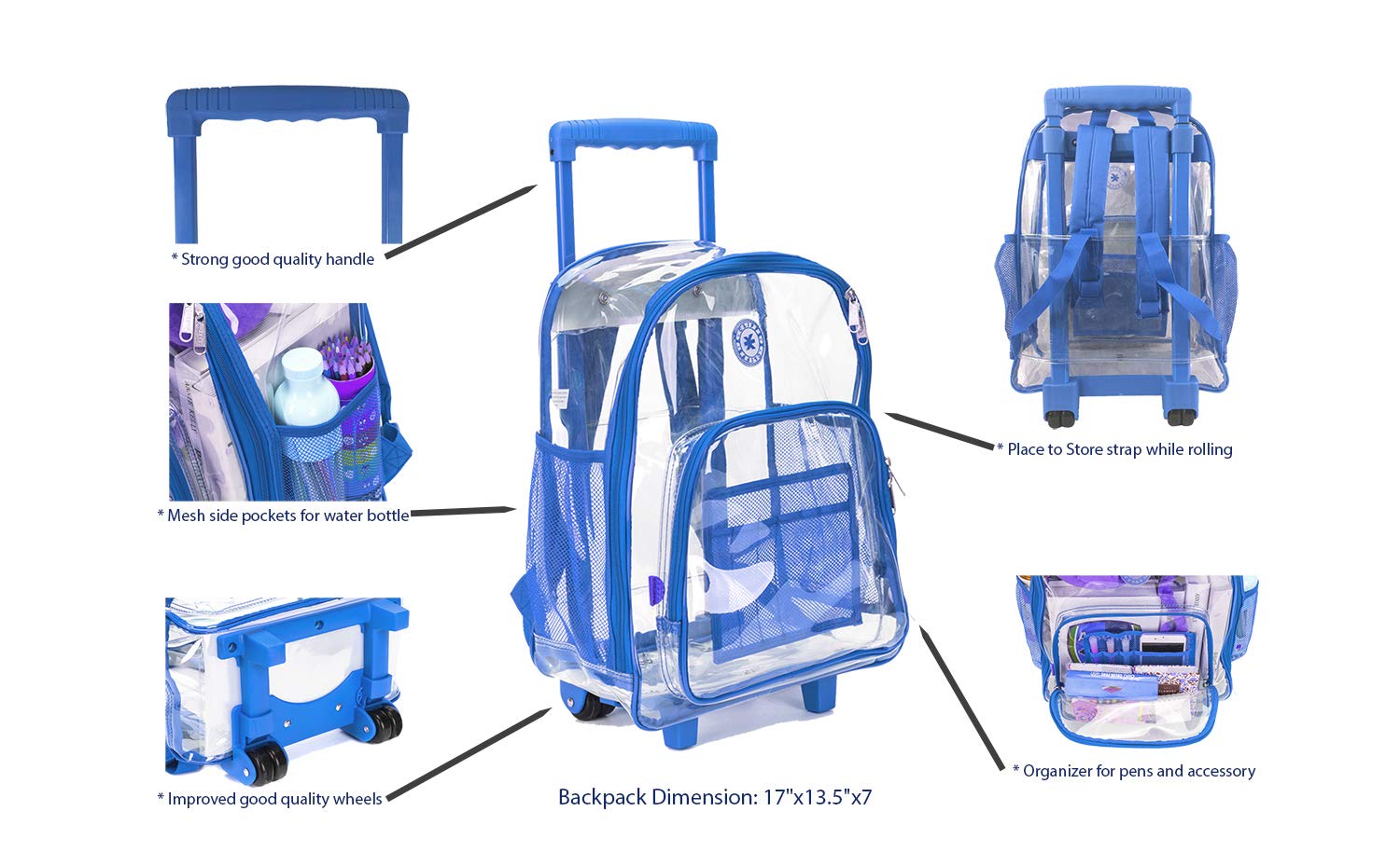 Rolling Clear Backpack Heavy Duty Bookbag Quality See Through Workbag Travel Daypack Transparent School Book Bags with Wheels Royal Blue