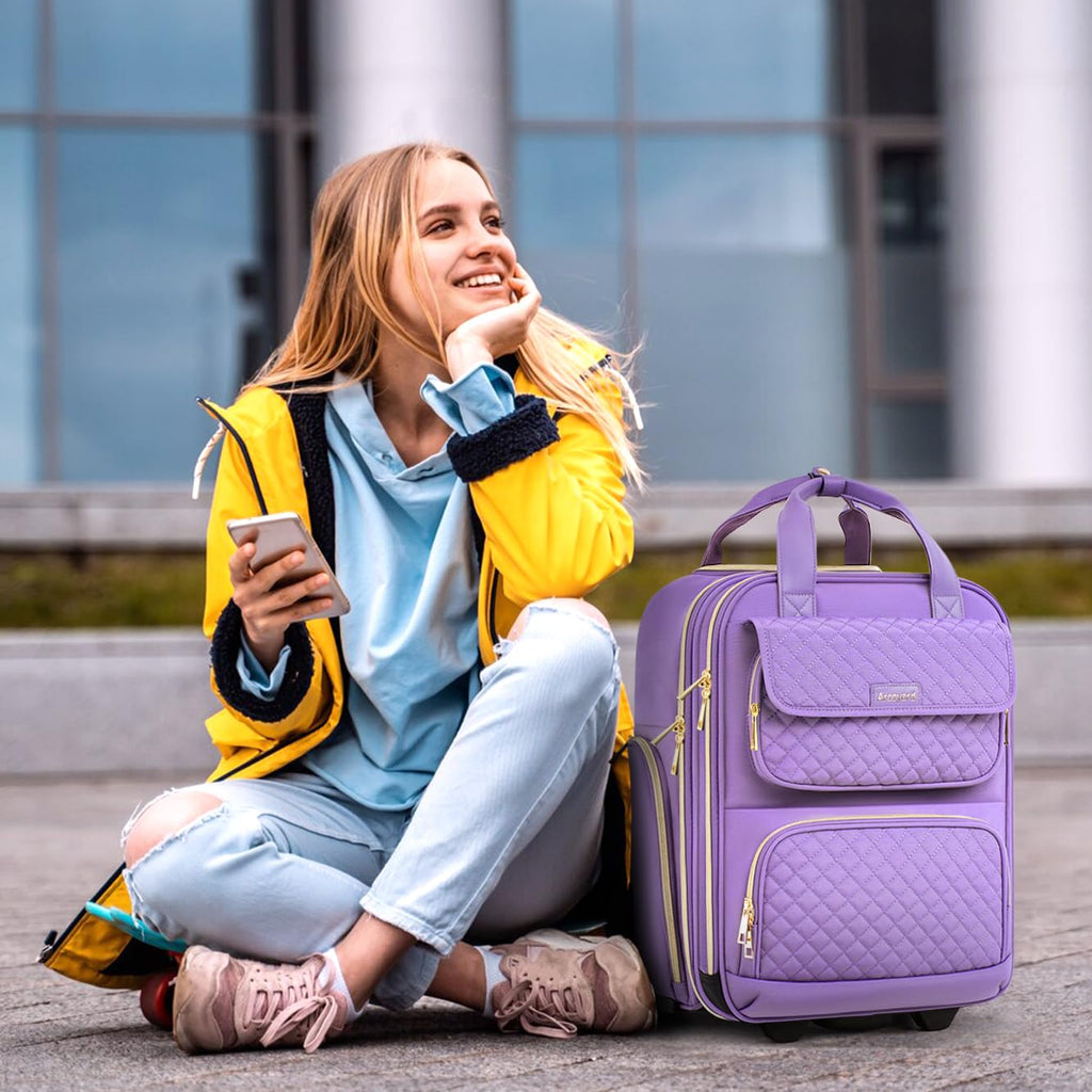 Underseat Carry On Luggage with Wheels, Airline Approved Personal Item Luggage, 16-Inch Multi-functional Underseat Luggage, Lightweight Overnight Suitcase for Women, Bussiness, Travel, Purple