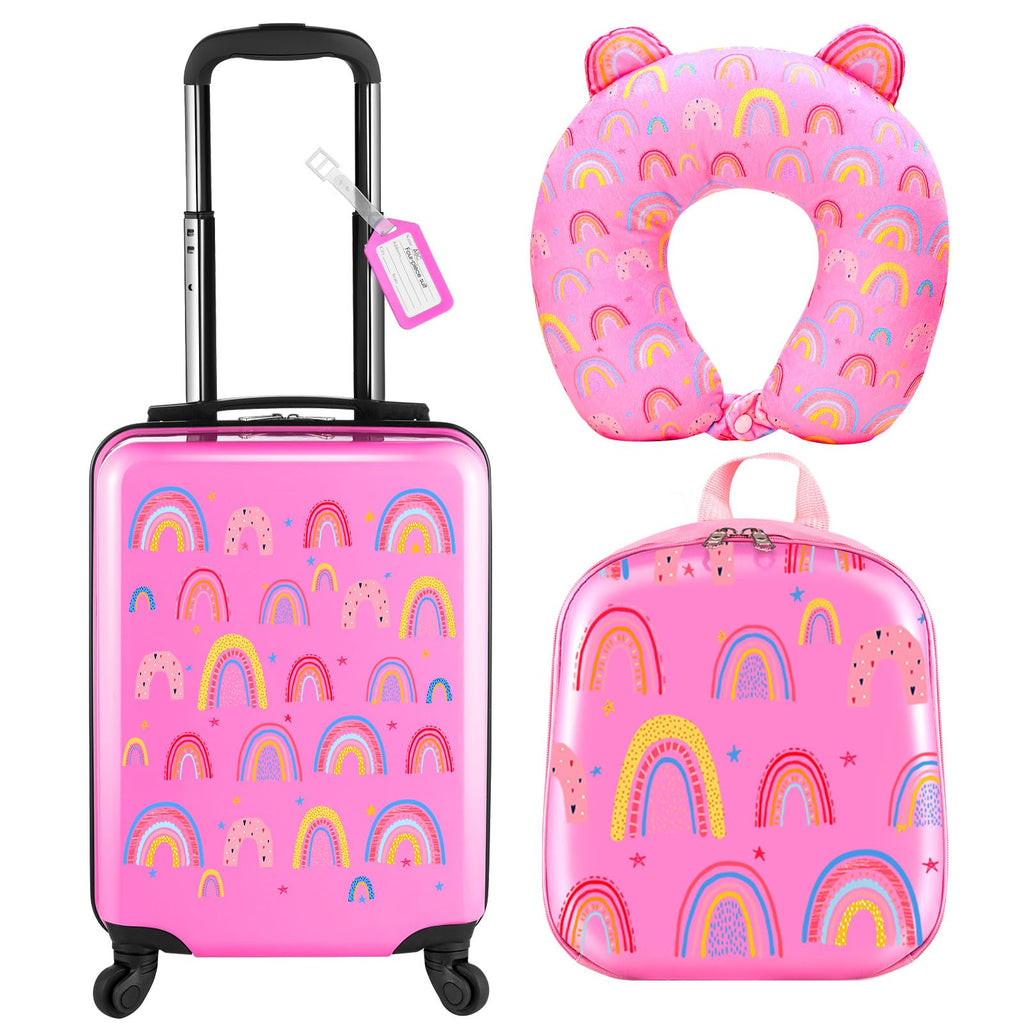 Sanwuta 4 Pcs Kids Luggage Set Rolling Suitcase Backpack U-shaped Pillow Kids Carry On Gift for Summer Travel Family Trip(17 Inch,Rainbow Style,Pink)