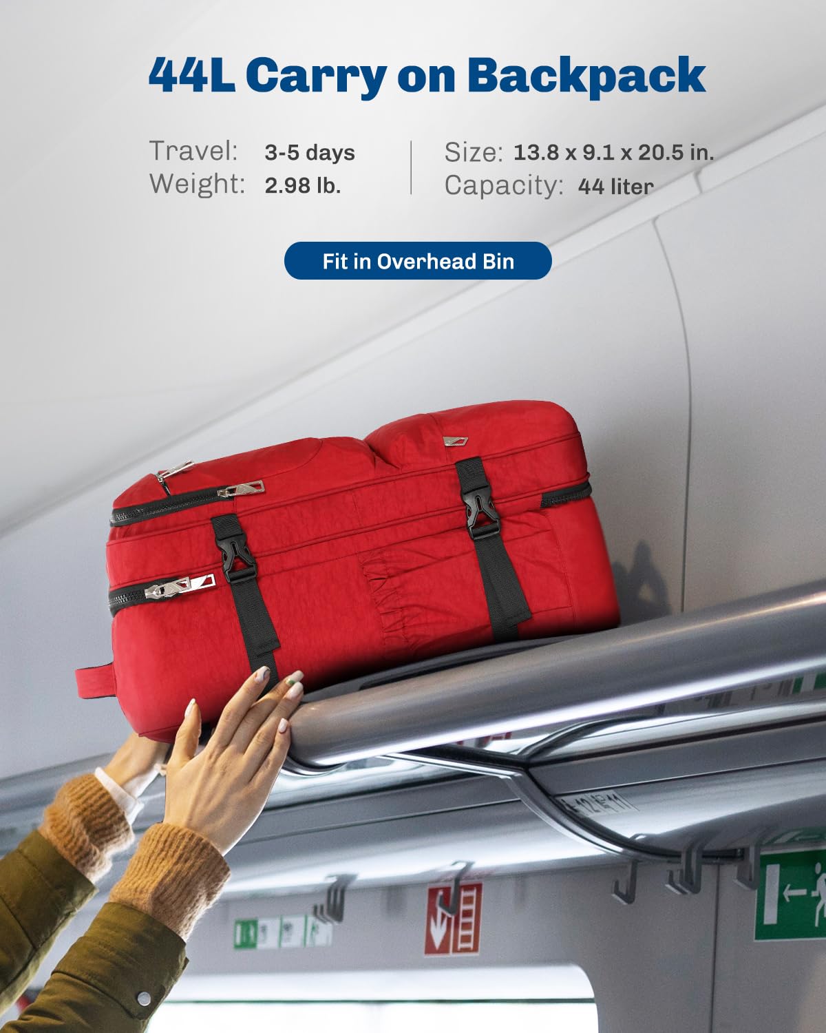Hynes Eagle 44L Carry on Backpack Airline Approved Travel Backpack for Men Women Large Laptop Backpack 17 inch Nylon Backpack Overnight Weekender Bag Red