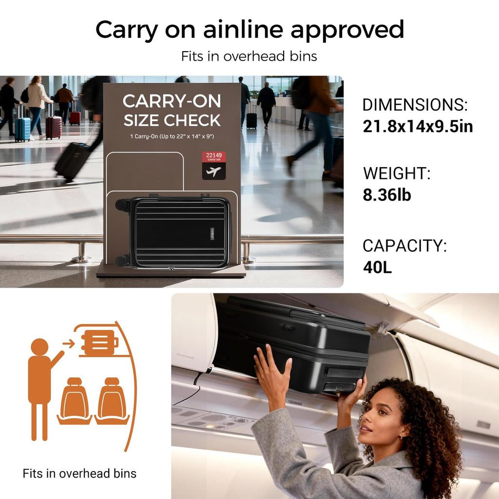 CASELLY Carry On Luggage Top Opening with Cup Holder & Phone Holder, Expandable PC Hard Shell Suitcase, USB Charging Port, Side Hook, 360° Spinner Wheels, TSA Lock & YKK Zippers for Women Man Gifts