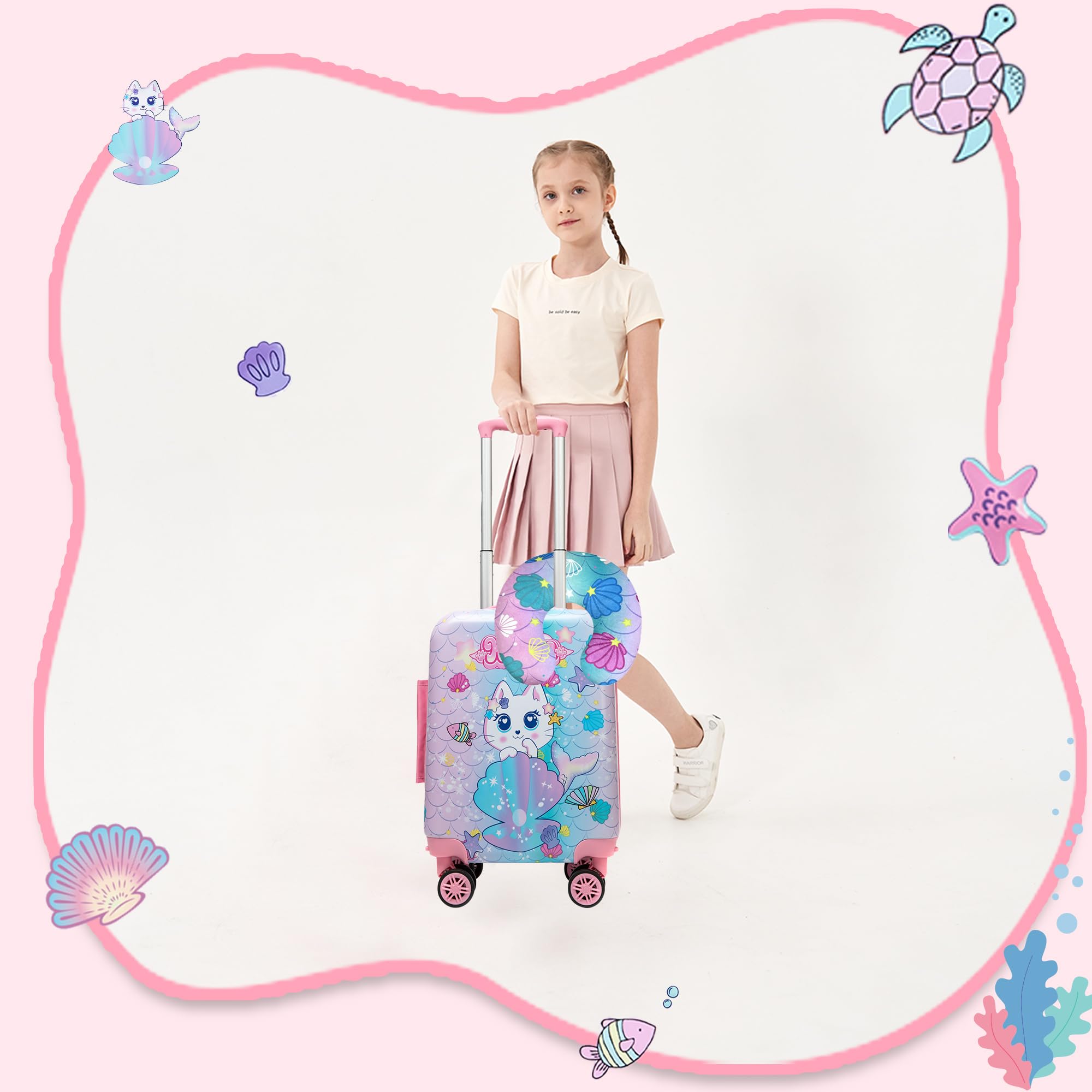 Homskiii Cute Cat Kid’s Luggage Set 2 Piece Suitcase Set 16" Hardside Luggage with Spinner Wheels Girls Carry on Toddler Travel Rolling Luggage Airline Approved