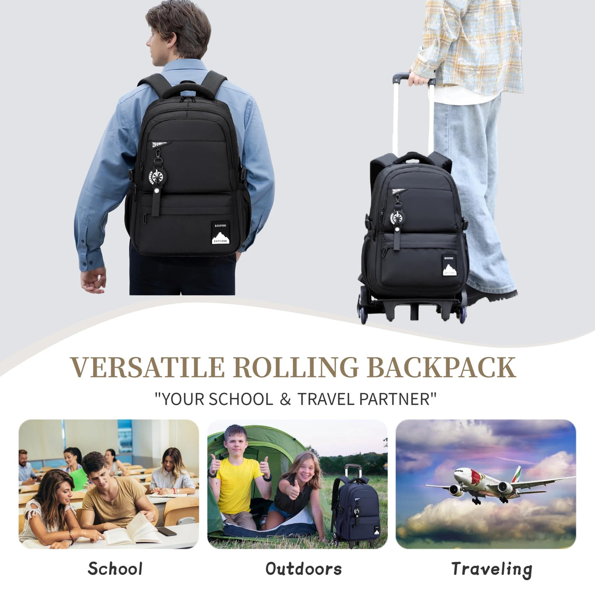 Bansusu Kids Rolling Backpack for Boys School, Classic School Bag Roller Boys Backpack with 6 Wheels, Army-green