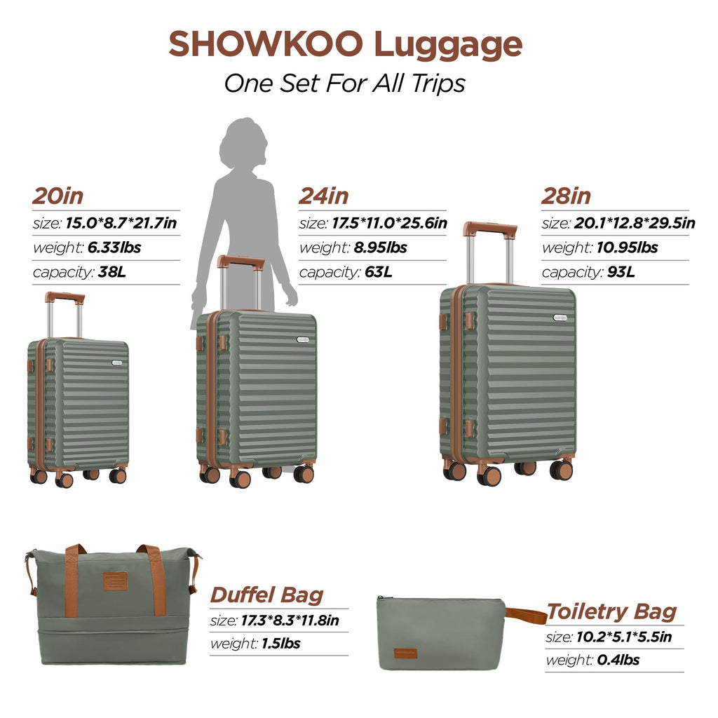 SHOWKOO Luggage Sets 3 Piece Hardside Expandable Suitcase with Double Spinner Wheels Tsa Lock, (Green, 5 piece set)