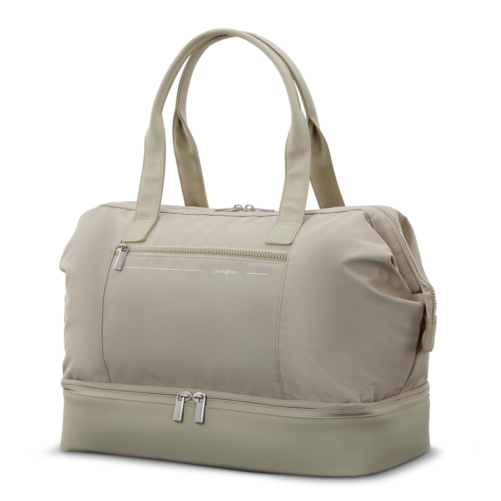 Samsonite Better Than Basics Weekender Duffle – Drop Bottom Travel Bag with 14” Laptop Compartment, SmartSleeve™ Strap, Adjustable Shoulder Strap, Durable RPET Lining, Limestone Grey