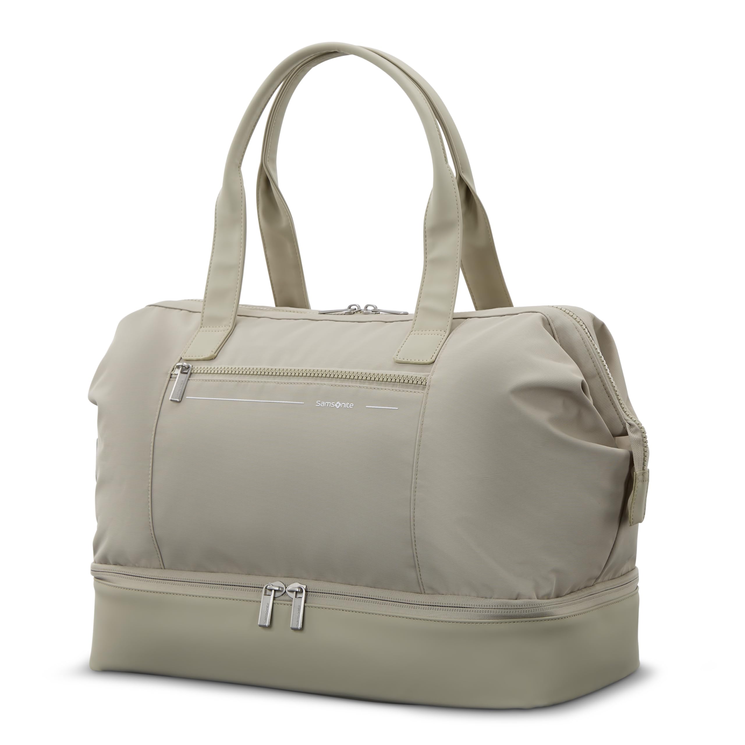Samsonite Better Than Basics Weekender Duffle – Drop Bottom Travel Bag with 14” Laptop Compartment, SmartSleeve™ Strap, Adjustable Shoulder Strap, Durable RPET Lining, Limestone Grey