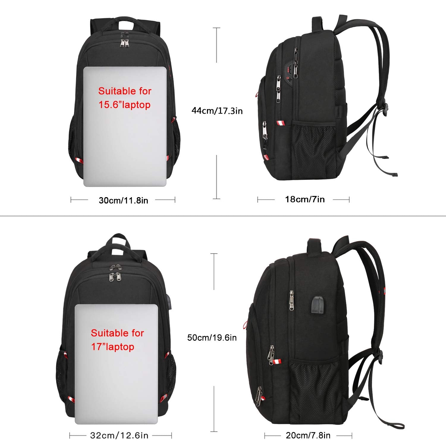 Della Gao Travel Laptop Backpack, Black Backpack for Men and Women with USB Slit Business Computer Back Pack (Black, 15.6 Inch)