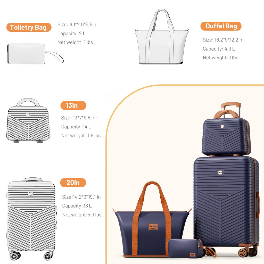 Hoteel Luggage Sets 4 Piece ABS+PC Hardside, 4-Year Warranty, Luggage Set with Spinner Wheels, TSA Lock, Lightweight Carry on Luggage, 13"/20" Suitcase with Duffel & Organizer, Dark Blue