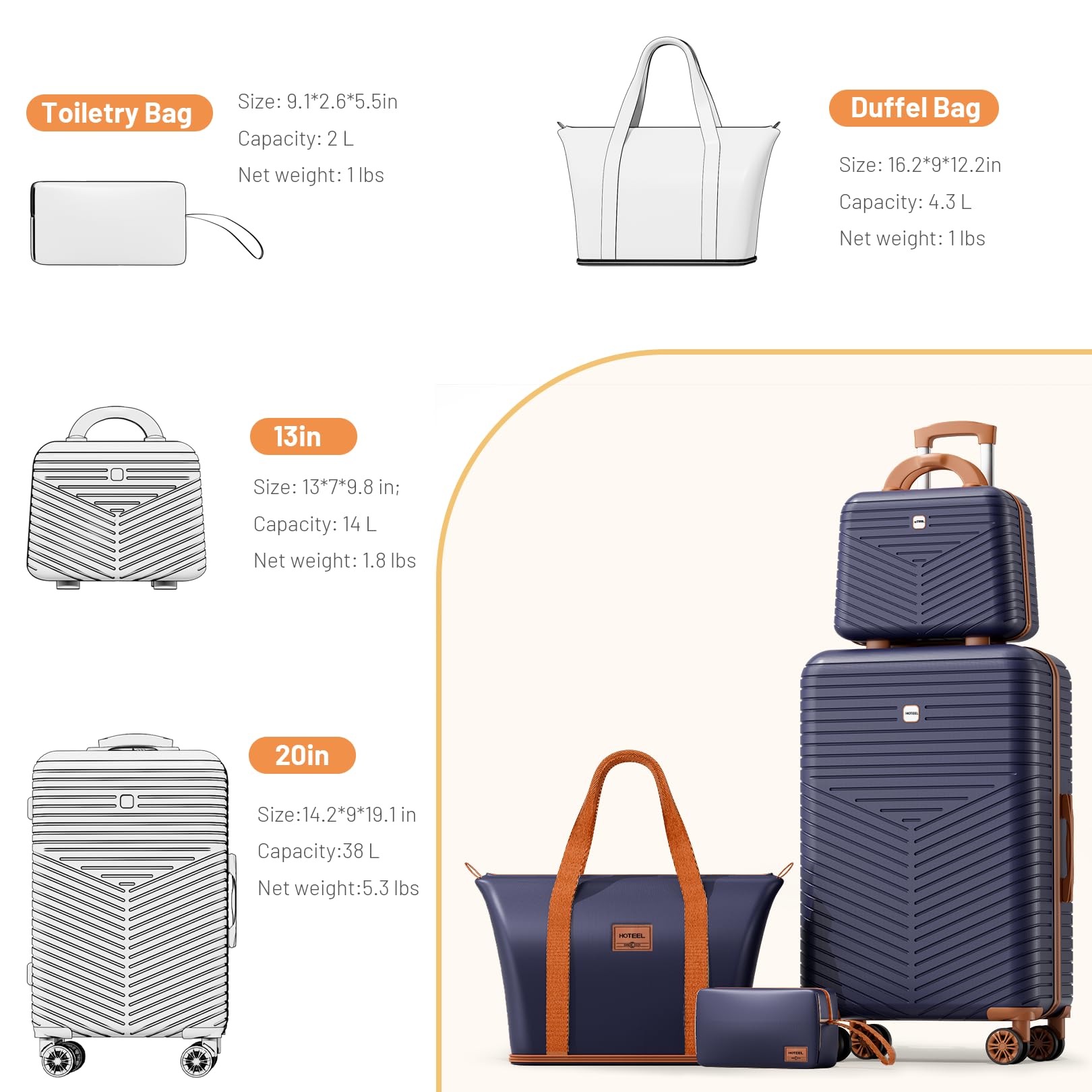 Hoteel Luggage Sets 4 Piece ABS+PC Hardside, 4-Year Warranty, Luggage Set with Spinner Wheels, TSA Lock, Lightweight Carry on Luggage, 13"/20" Suitcase with Duffel & Organizer, Dark Blue