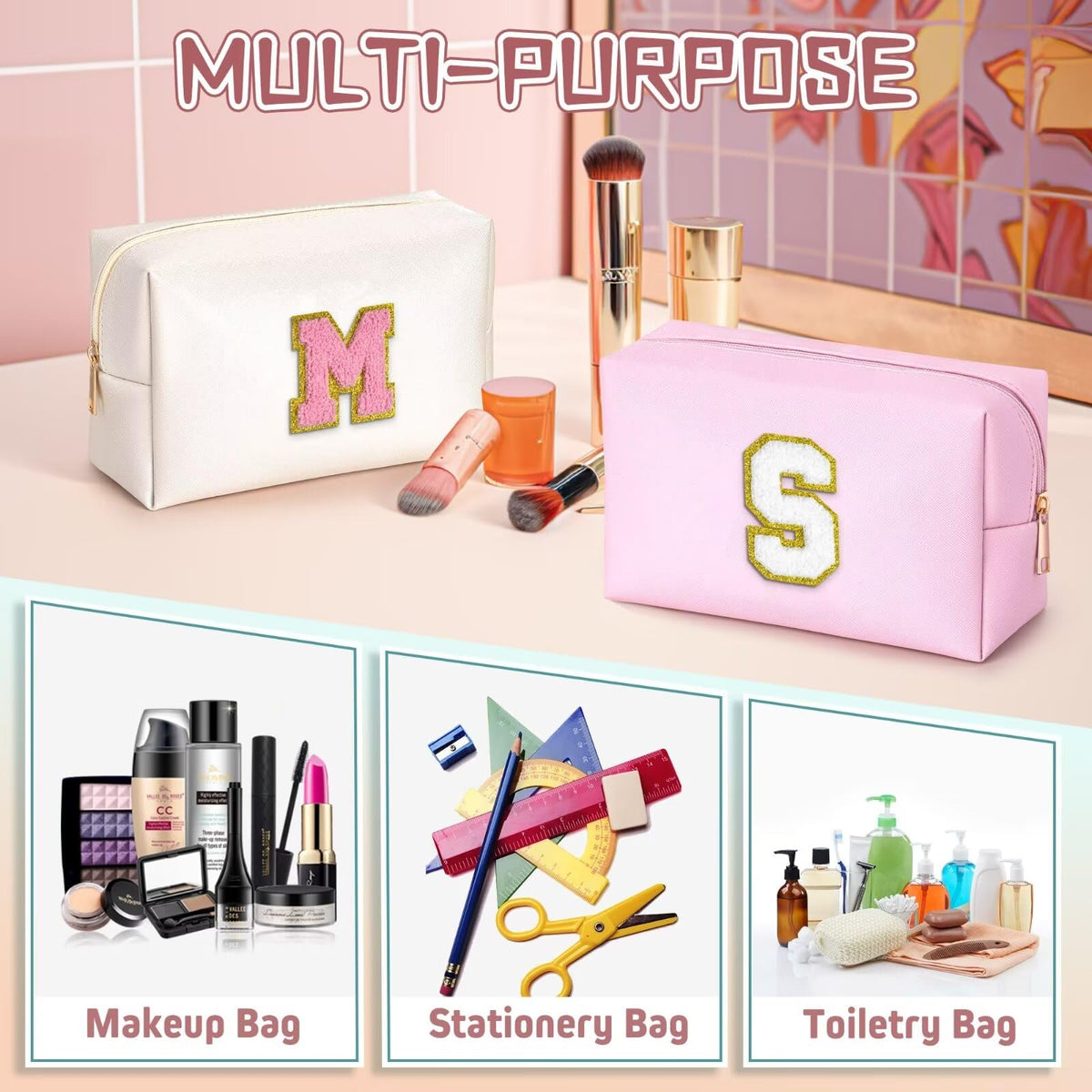 TOPEAST Easter Basket Stuffers Gifts for Kids Girls - Initial Makeup Bag, Birthday Gifts for 4 5 6 7 8 9 10 11 12 Year Old Teen Girls, Personalized Preppy Cosmetic Bags Toiletry Bag (Pink A)