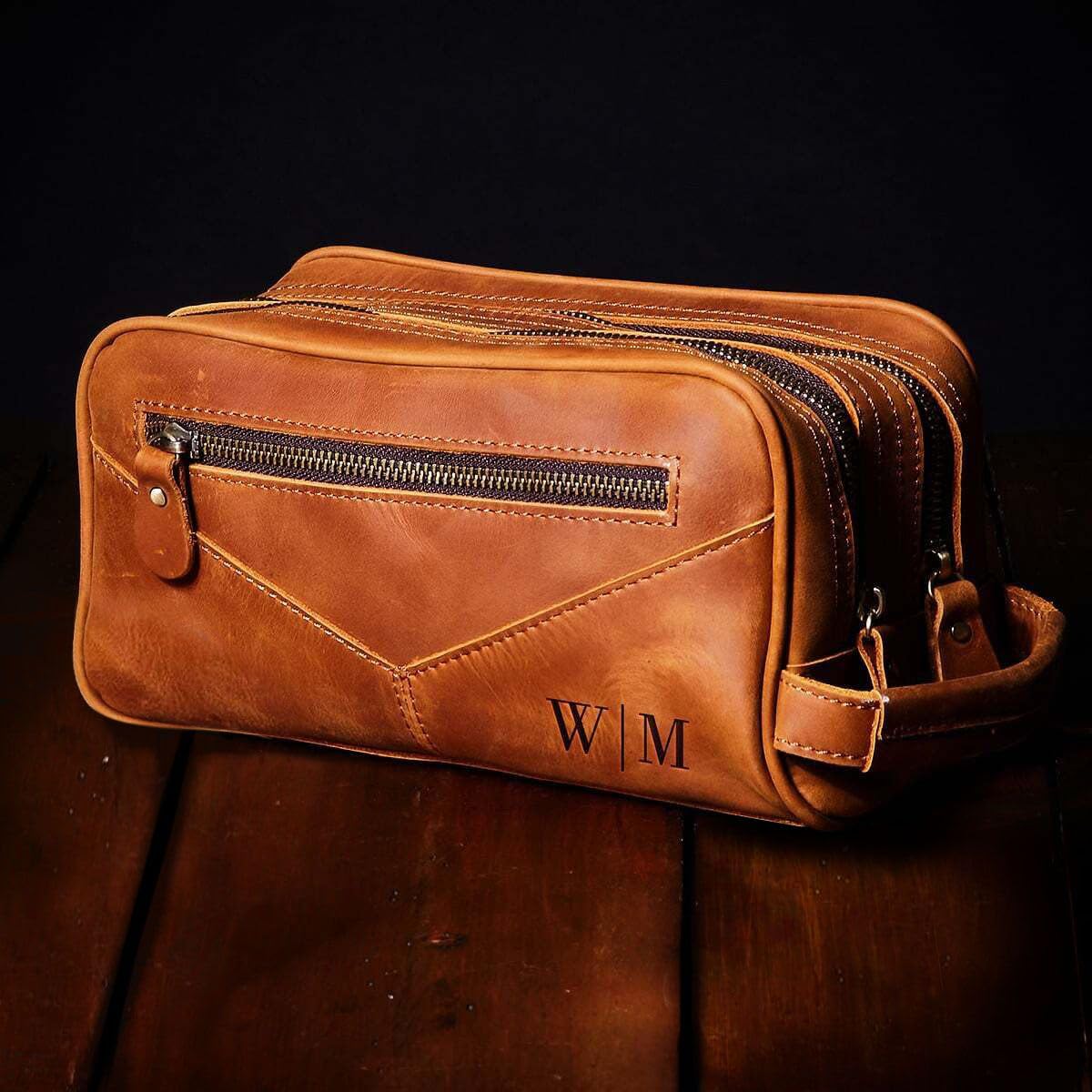 HomeWetBar Beckham Toiletry Bag for Men - Monogrammed Multi-Pocket Saddle Bag, Brown Hanging Dopp Kit