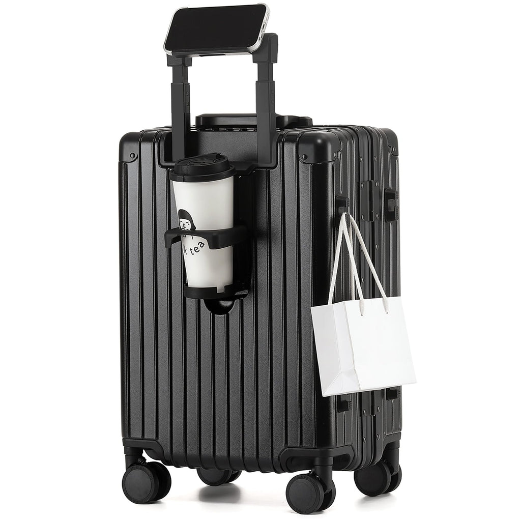 VATILIN 20 Inch Aluminum Frame Carry On Luggage 22x14x9 Airline Approved with Spinner Wheels,Zipperless Hard Shell Small Rolling Suitcases with TSA Approved USB Port,Cup & Phone Holder,Black
