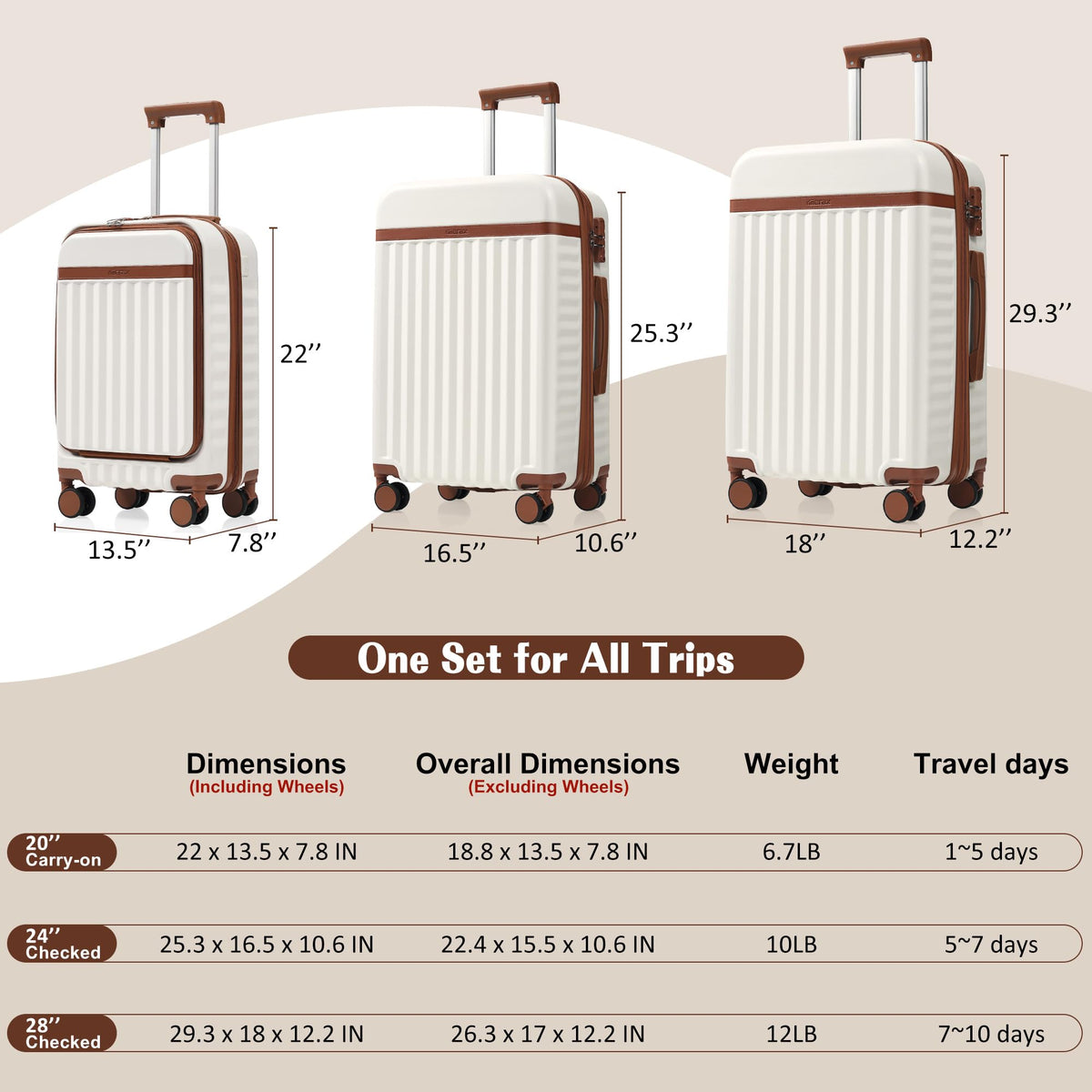 Hardshell Luggage, Lightweight Suitcase with Spinner Wheels, WHITE BROWN+USB
