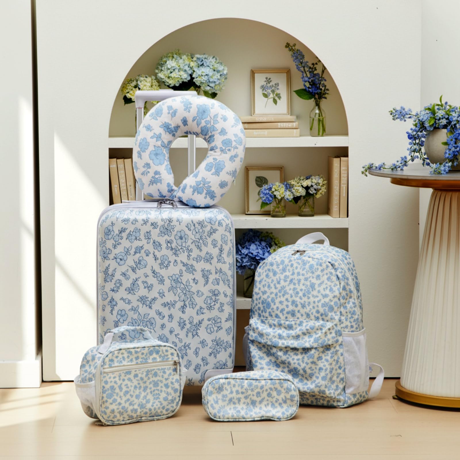 Redbaker 18 Inch 6 Pcs Kids Luggage Set Kids Rolling Luggage Double Pattern Suitcase for Boys Girls Gifts(Light Blue, Flower Style)