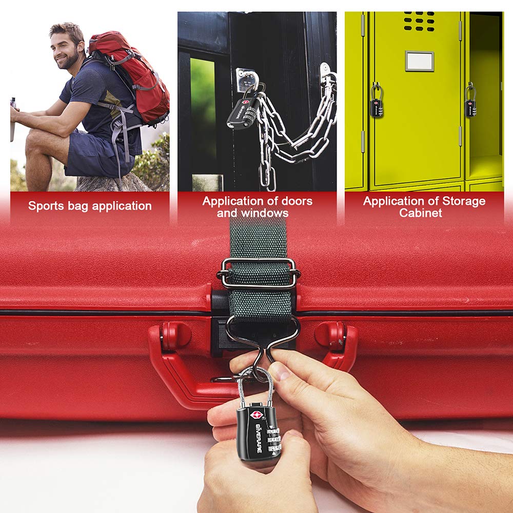 GIVERARE TSA Approved Luggage Locks, Combination Travel Cable Lock, Re-settable 3-Digit Padlocks with Alloy Body, Keyless Travel Sentry Accepted Padlock for Gym Locker, Golf Bag Case, Backpack-Black