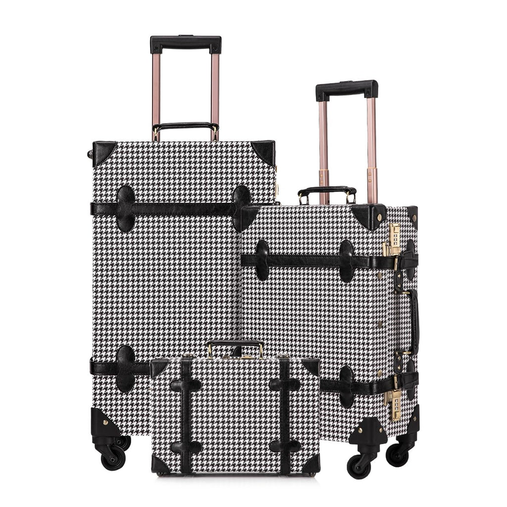 UNIWALKER Vintage Luggage Set of 3, Retro Spinner Trunk with Combo Lock for Women, Cute Designer Travel Suitcase Set with Train Case (26"+20"+12", grid)