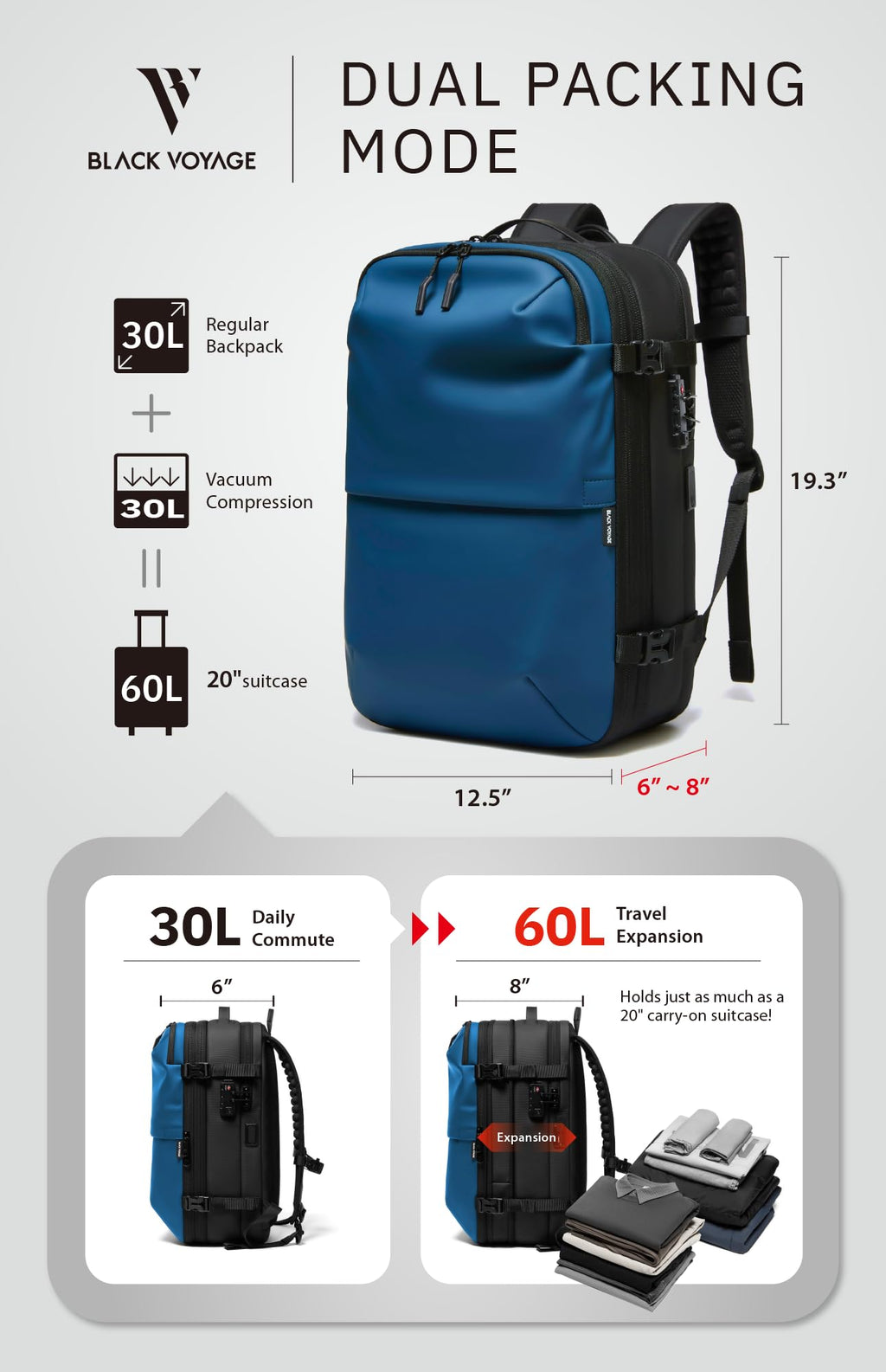 BlackVoyage Vortex Vacuum Seal Travel Backpack 60L Expandable Air Compression System Water Resistant TSA Lock Carry-On Suitcase Luggage Blue AERO - Vacuum Pump Included