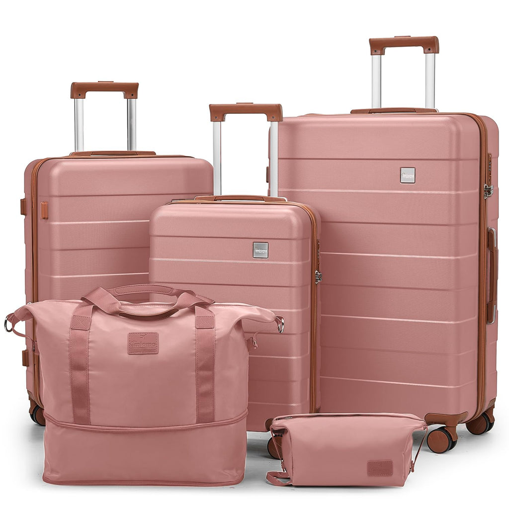 imiomo Hard Shell Luggage Sets 5 Piece for Women, Lightweight Hardside Rolling Suitcase Set with Spinner Wheels and TSA Lock, RoseGold