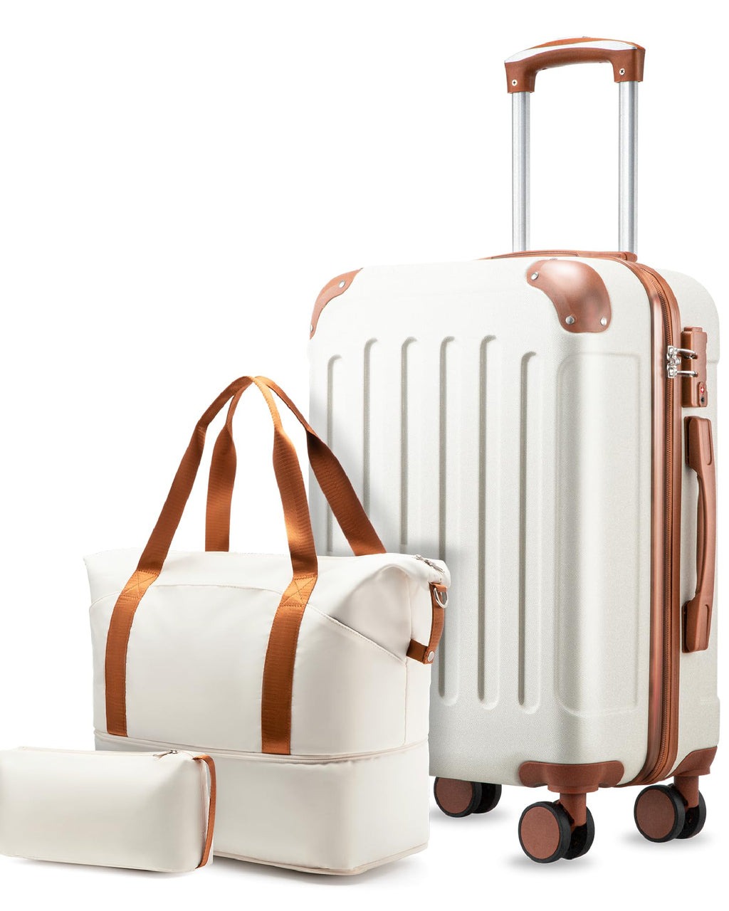 YOETEY Carry On Luggage 22x14x9 Airline Approved, Hardside Suitcase with Wheels, TSA Approved, Tote Bag, White Brown