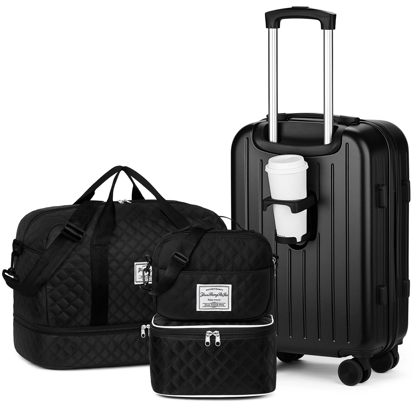 Yorige Luggage Sets for Women Men 4 Piece - Carry on Hardside Suitcase 20inch with USB Port, 360° Spinner Wheels, Duffel Bag, Cup Holder, Lightweight Luggage Set for Travel Vacation