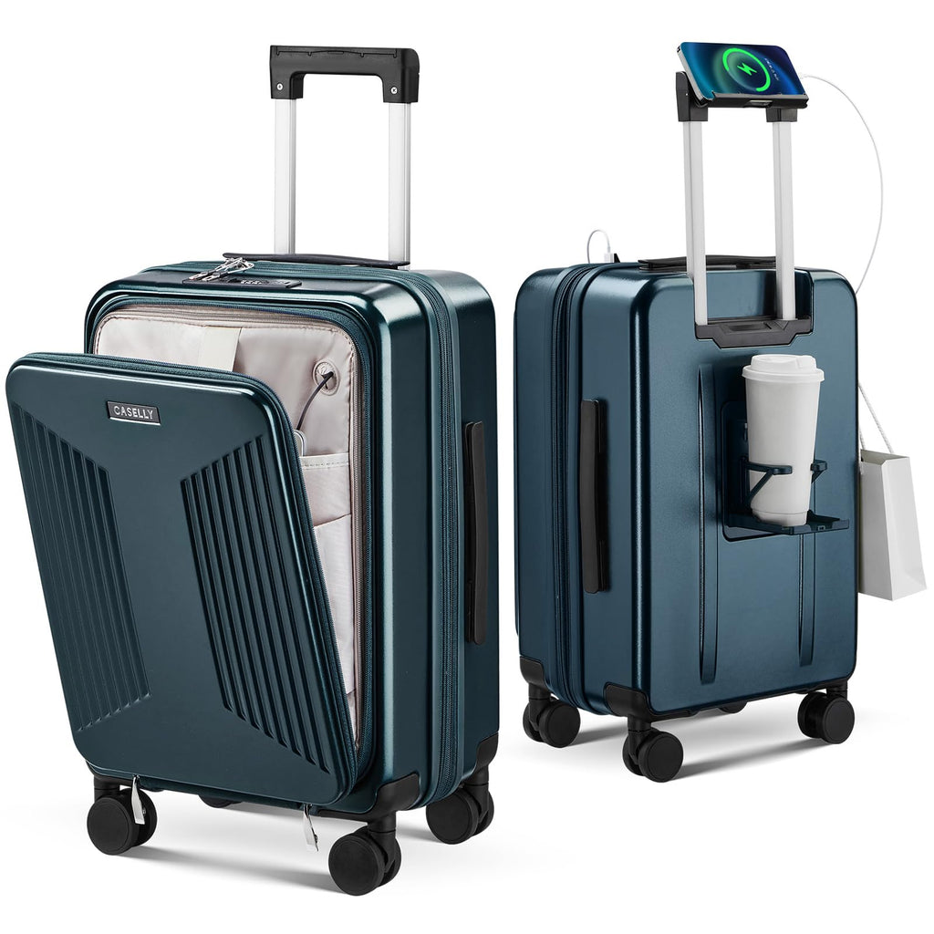 CASELLY Carry on Luggage Top opening Suitcases, Expandable with Cup Holder and USB Charging Port,Lightweight with Front Pocket Rolling Suitcases with Spinner Wheels