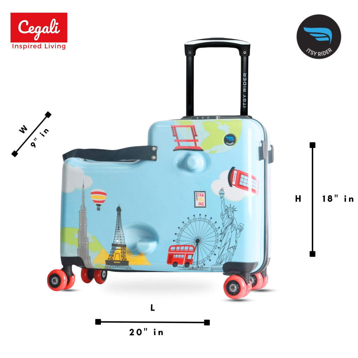 Cegali Itsy Rider 20" Ride-on Suitcase for Kids with Double Spinner Red Wheels (Blue Landmarks)