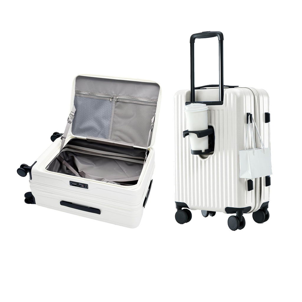 HotWay 19 Inch Expandable Carry On Luggage with Cup Holder, Hardside TSA Approved Luggage with Spinner Wheels, Top Opening Suitcase For Travel, White