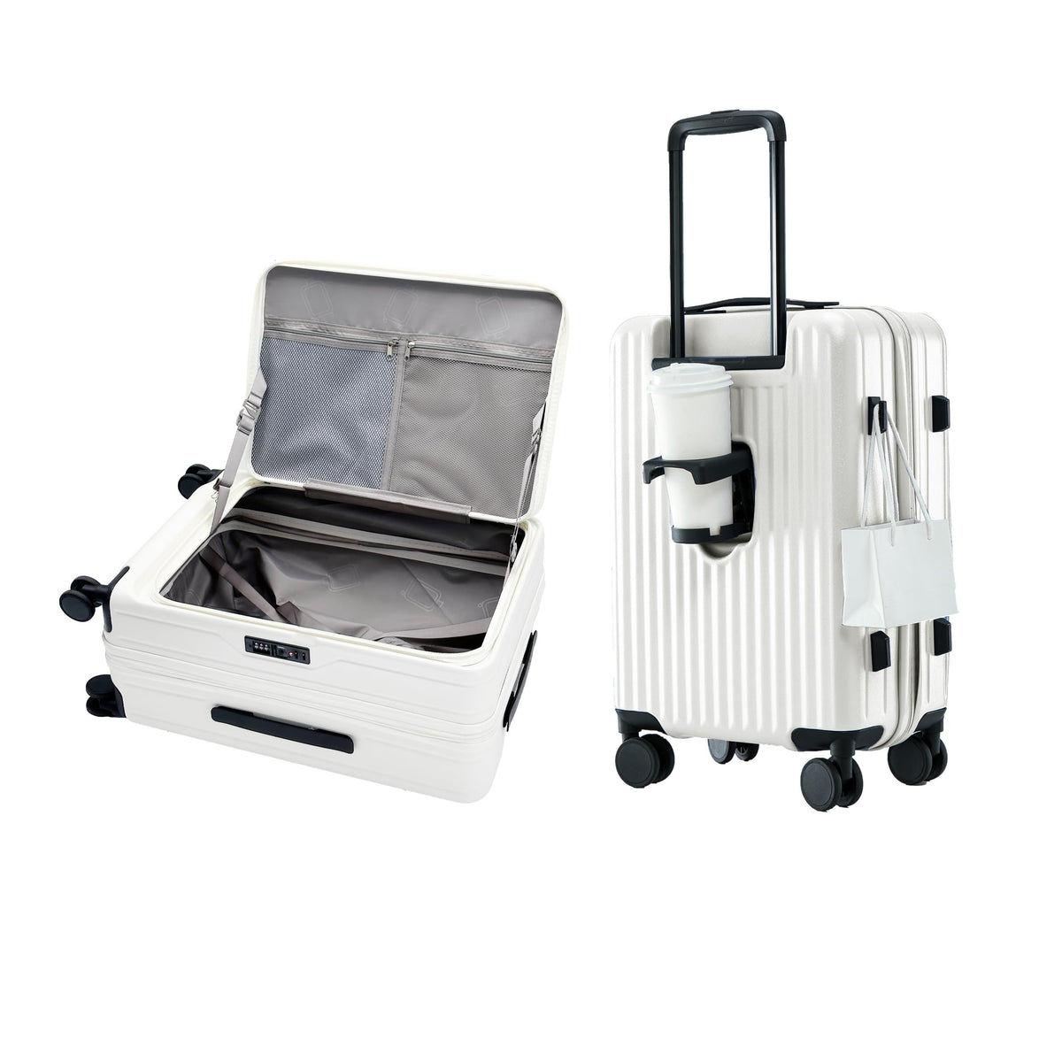 HotWay 19 Inch Expandable Carry On Luggage with Cup Holder, Hardside TSA Approved Luggage with Spinner Wheels, Top Opening Suitcase For Travel, White