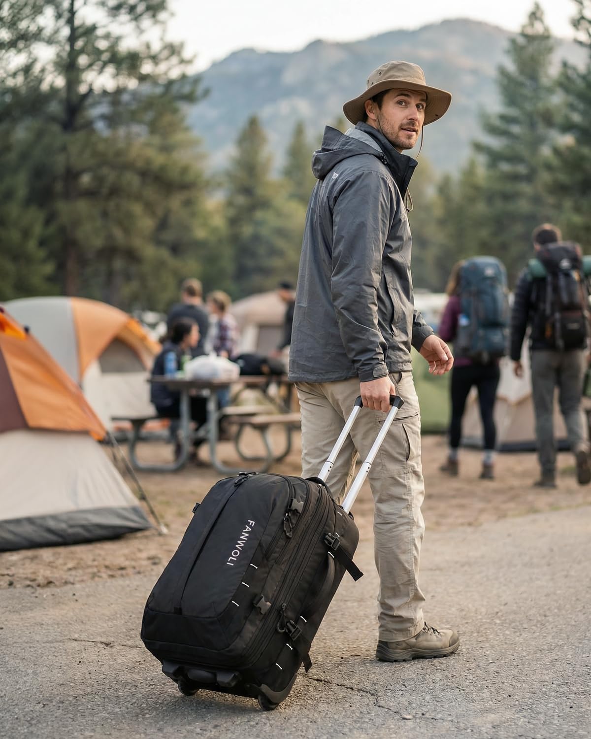 Fanwoli Rolling Vacuum Backpack Travel with One-Button Compression, 55L Expandable, Water Resistant Carry-On Suitcase Luggage, Ideal for Outdoor/Family/Trips