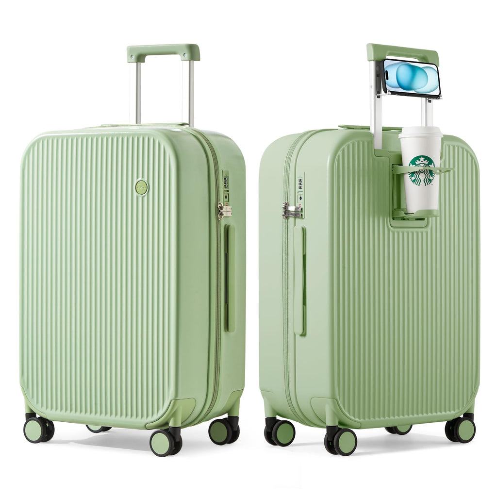 mixi Checked Luggage with Cup Phone Holder Hard Shell Rolling Travel Suitcase with Spinner Wheels,24 Inch Avocado Green