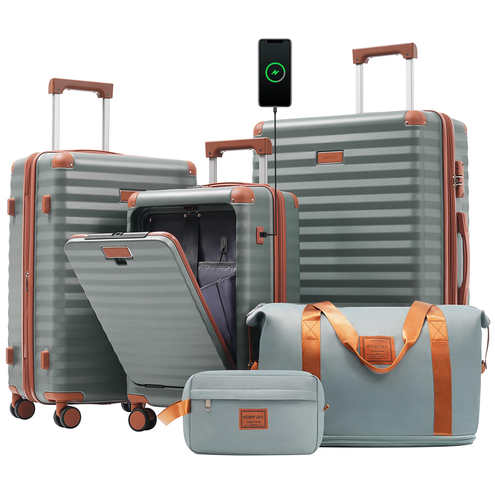 Merax Luggage Sets 3 Piece Front Opening, Hardside Lightweight Carry on Suitcase with Cup Holder USB Port,Durable Expandable Luggage with Bags Spinner Wheels and TSA Lock,Grey Green