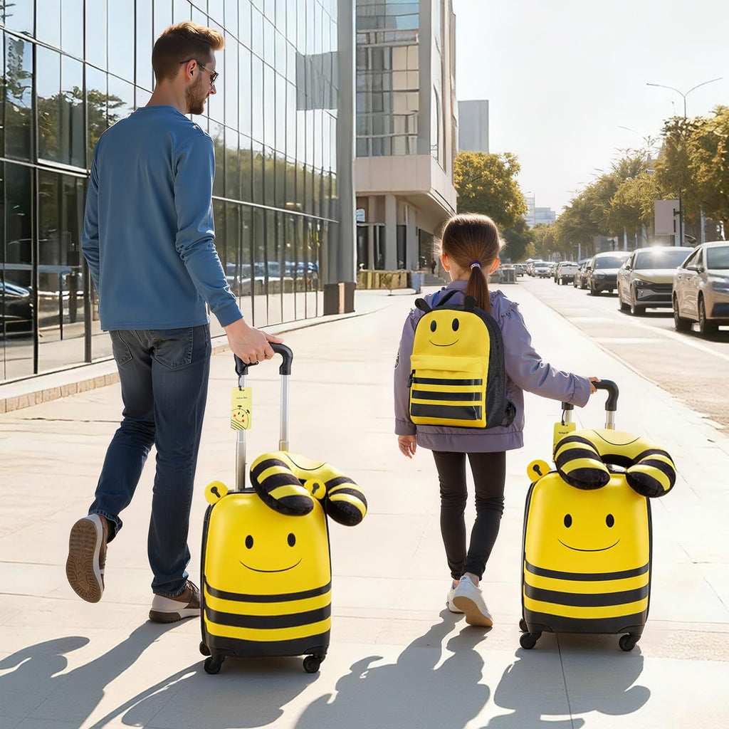 VEVOR Kids Luggage Set, 5 Piece, 18 Inch Hardside Rolling Wheels Suitcase with Backpack & U-shape Pillow, Bee Kids Carry on Luggage Set, Holiday Birthday Gift for Girls Boys, Airline Approved
