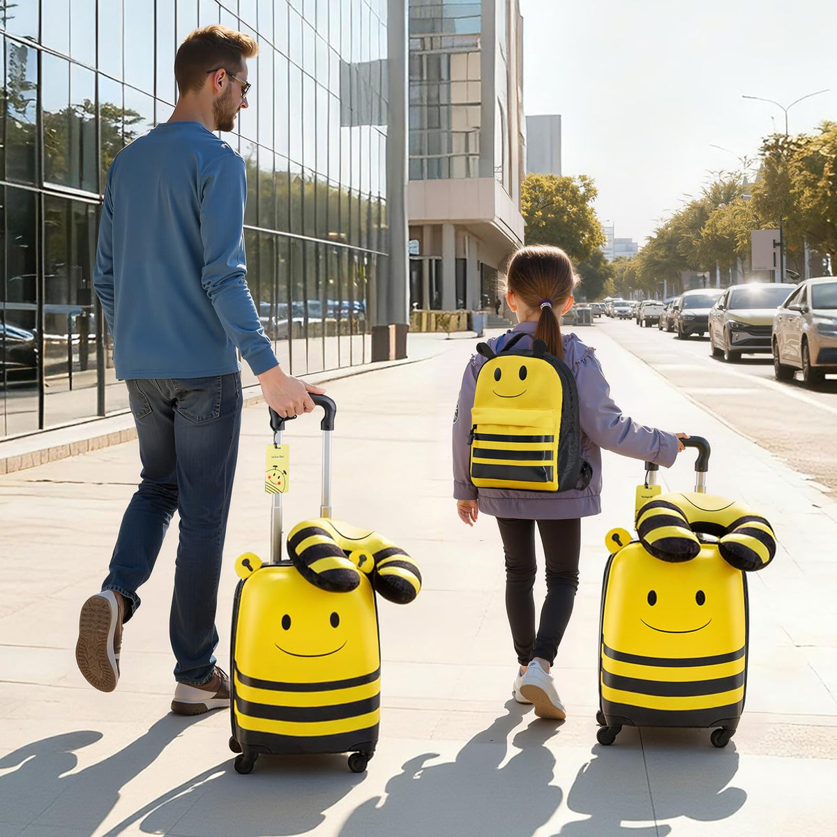 VEVOR Kids Luggage Set, 5 Piece, 18 Inch Hardside Rolling Wheels Suitcase with Backpack & U-shape Pillow, Bee Kids Carry on Luggage Set, Holiday Birthday Gift for Girls Boys, Airline Approved