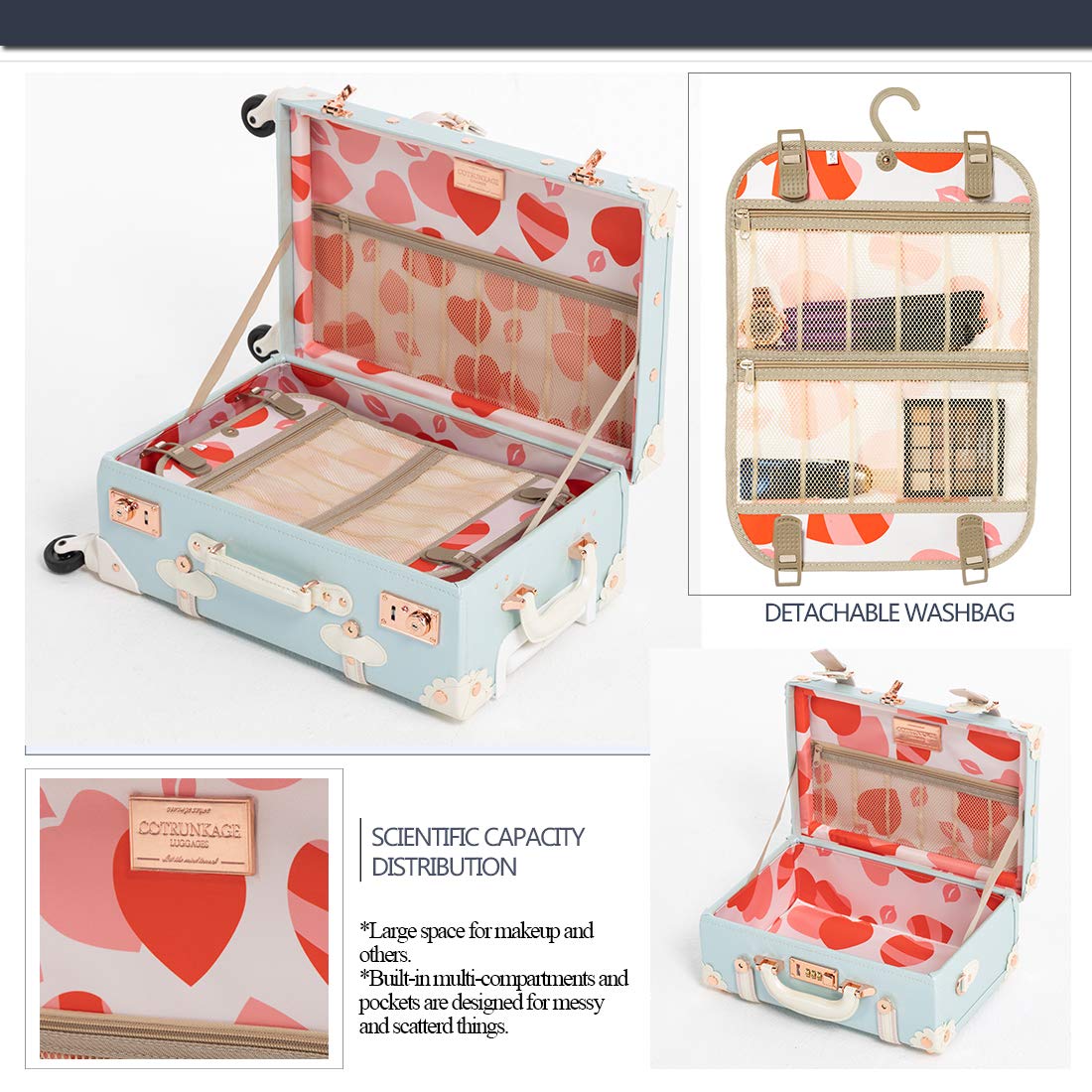 COTRUNKAGE Vintage Designer Luggage Set, Women's Cute Blue Carry On Luggage 22x13x7.5 Airline Approved, 13" Mini Makeup Organizer Case with Lock, Sky Blue