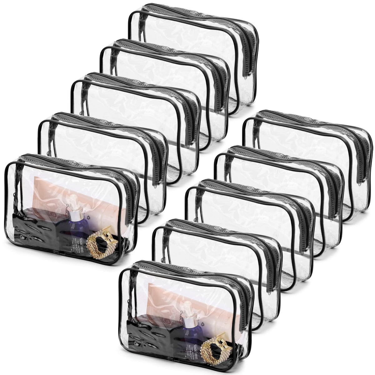 Tbestmax 10 Pcs Clear Cosmetic Bags Small Makeup Bags Portable Waterproof Travel Toiletry Bags Organizer Black, 7.5"x 4.8"x 2.3"