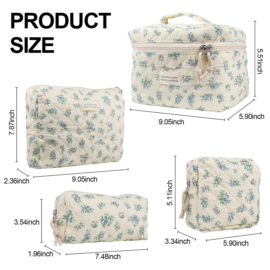 VIWIME Makeup Cosmetic Bag, Large Cotton Quilted Travel Coquette Aesthetic Cute Floral Make up Bag for Women Toiletry Bag Organizer (203- Blue Rose / 4Pcs)