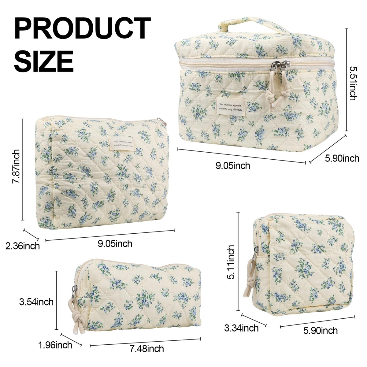 VIWIME Makeup Cosmetic Bag, Large Cotton Quilted Travel Coquette Aesthetic Cute Floral Make up Bag for Women Toiletry Bag Organizer (203- Blue Rose / 4Pcs)