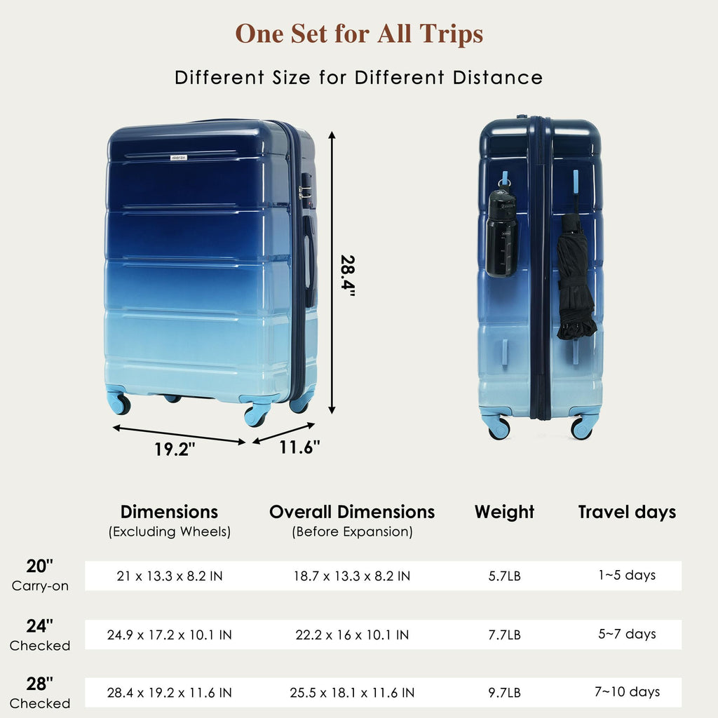 3 Luggage Sets, ABS Hardshell Suitcase Spinner Wheels with USB Port