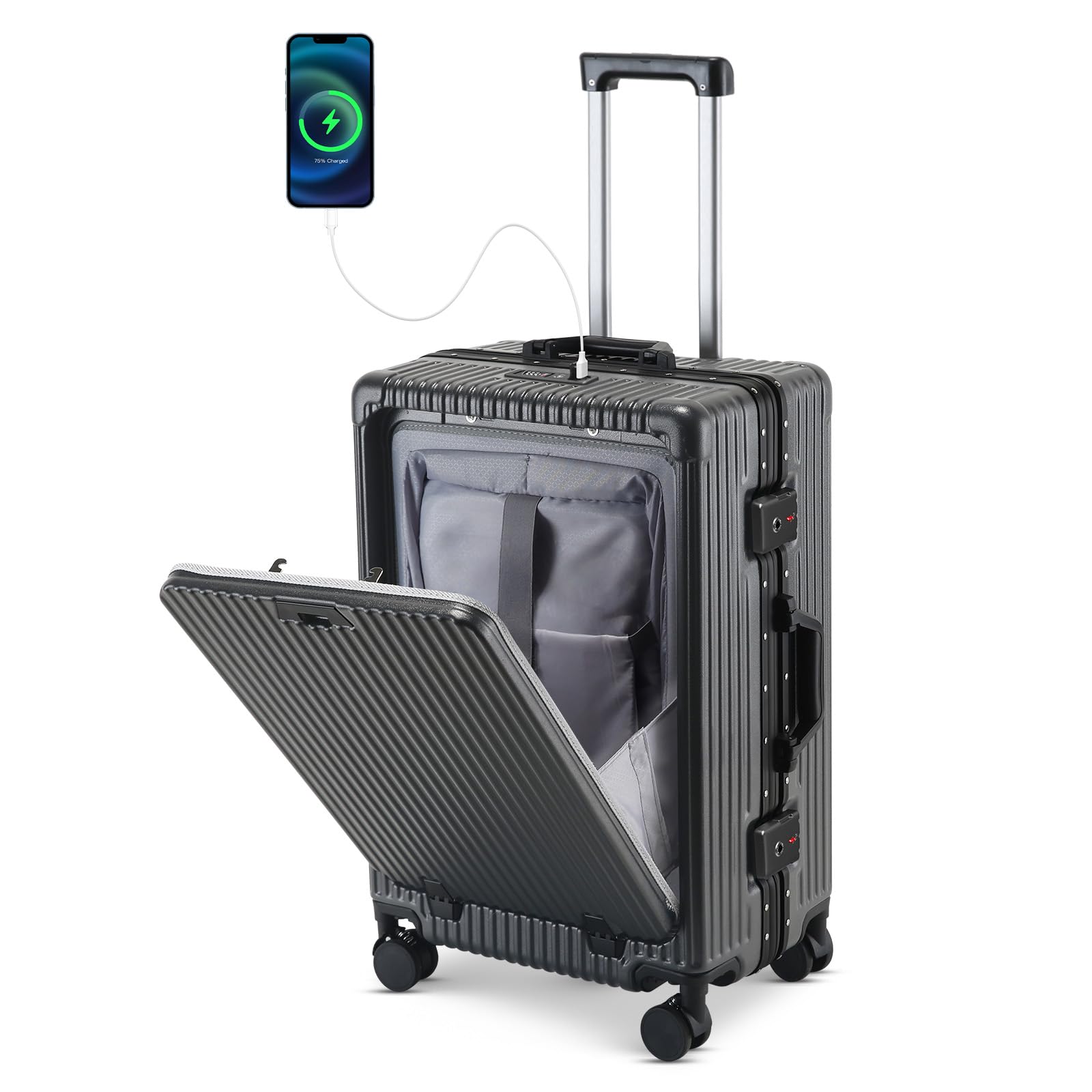 Faqy Z 20 Inch Aluminum Frame Carry On Luggage with Front Pocket, USB Port, Phone Holder & Cup Holder, Hard Shell Spinner Suitcase for Airplane Travel, Grey