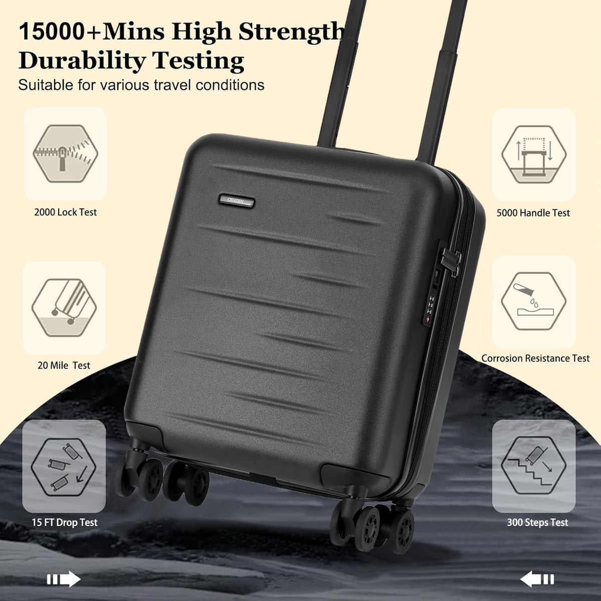 CENSIEN 16 Inch Underseat Carry On Luggage Airline Approved, Expandable Lightweight ABS+PC Hard Shell Suitcases with 360° Spinner Wheels, TSA Lock, YKK Zipper, for Business Weekender (Black, 1 PC)