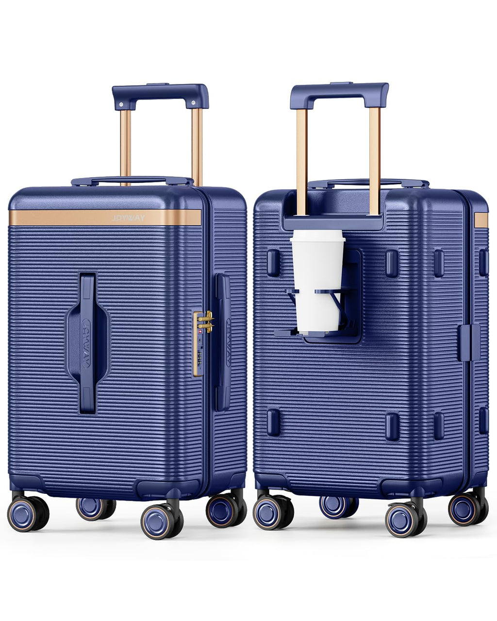 Joyway 22 Inch Carry on Luggage with Cup Holder, Hard Shell Carry-on Suitcases with Shock Absorbing Spinner Wheels, Lightweight Luggage with TSA Lock for Women Men, Blue