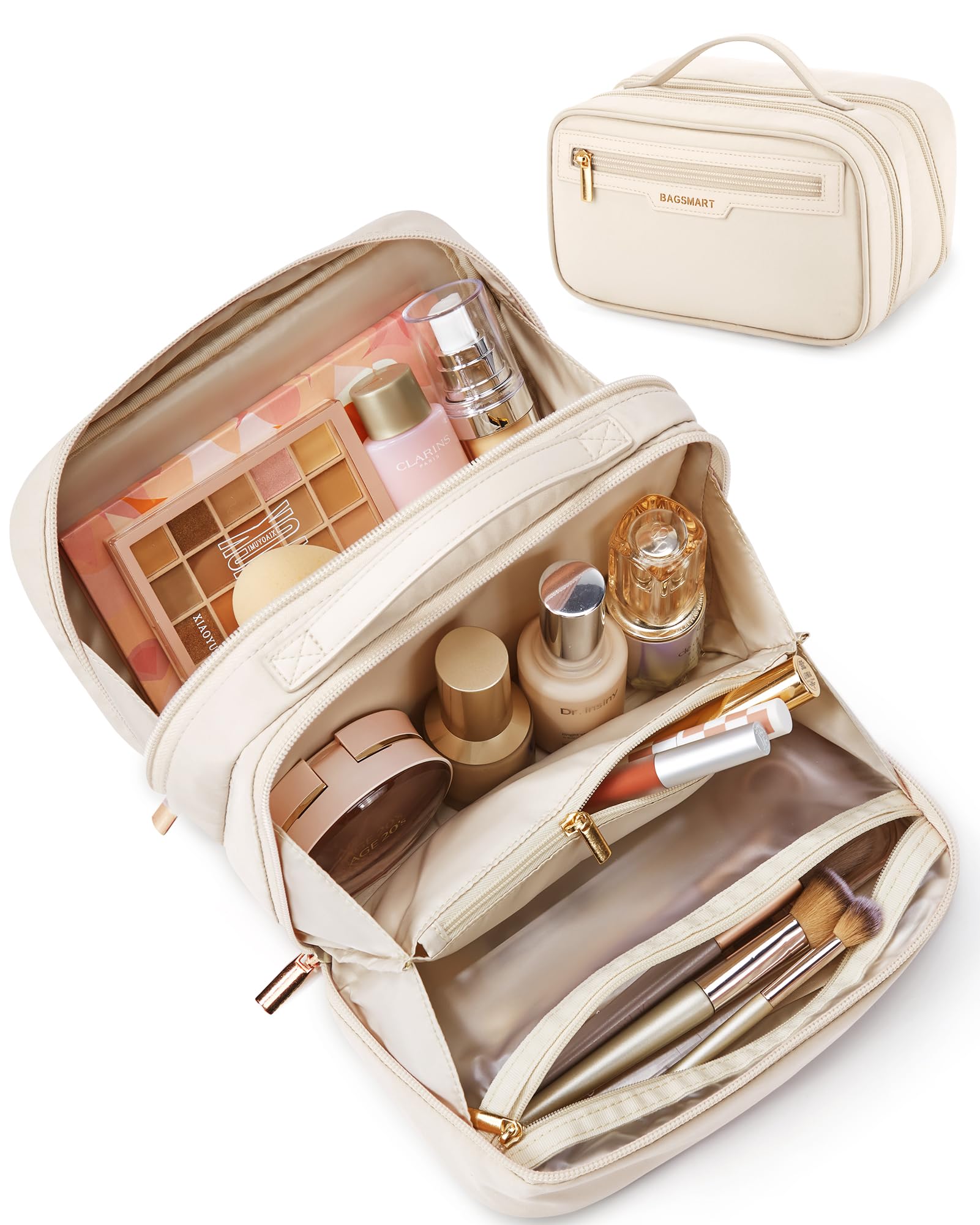 BAGSMART Travel Makeup Bag, Make Up Bag with Multiple Compartments for Organizer, Durable & Compact Cosmetic Organizer for Women for Travel Accessories (Beige)